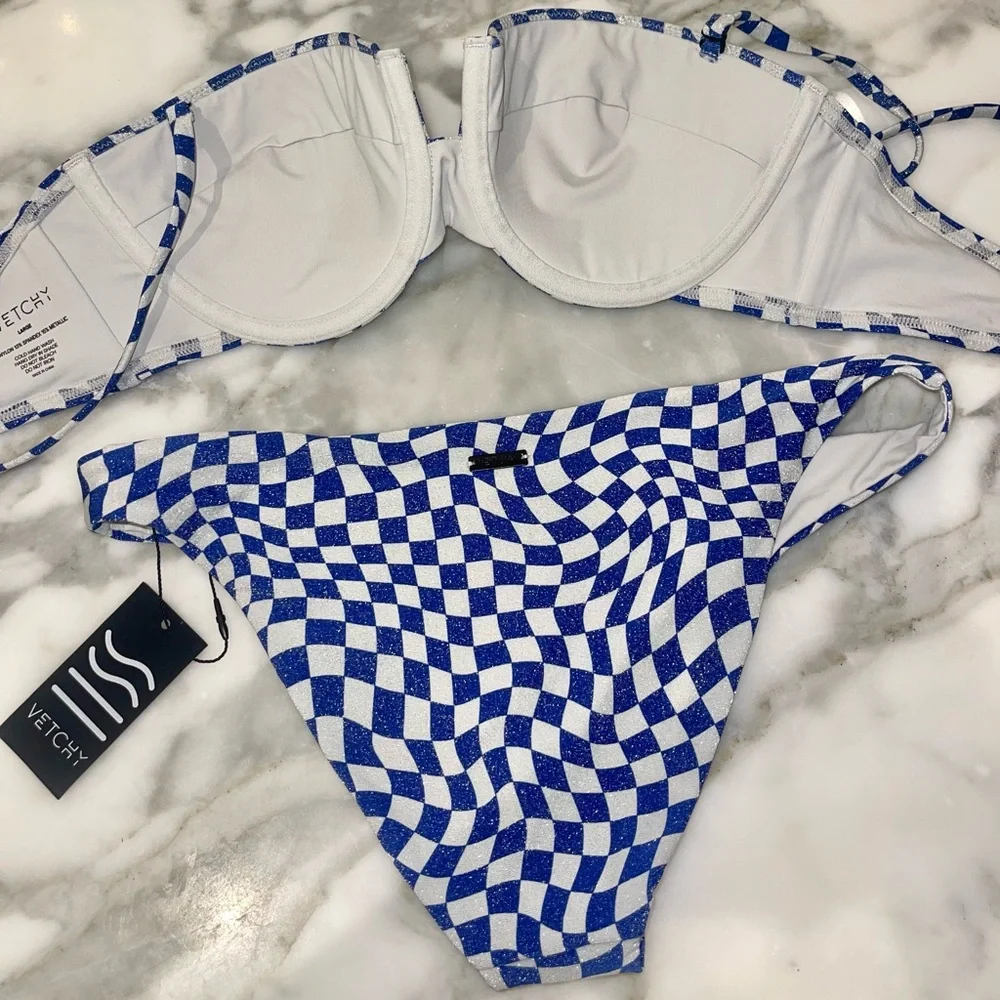 Blue Check Bandeau Bikini Set - Women Swim Bikini - Picture 7 of 8